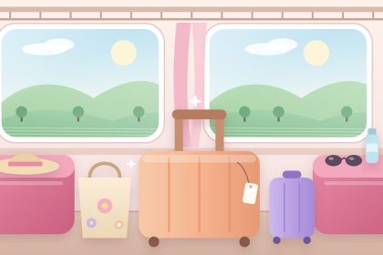 Aturan bagasi kereta api: koper oranye, koper kecil ungu, dan tote bag di dalam kabin kereta dengan kursi pink dan jendela berpemandangan bukit hijau