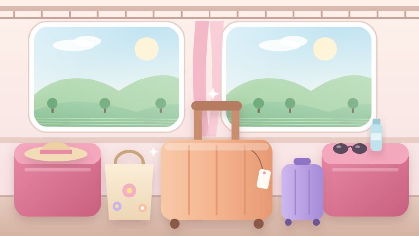 Aturan bagasi kereta api: koper oranye, koper kecil ungu, dan tote bag di dalam kabin kereta dengan kursi pink dan jendela berpemandangan bukit hijau