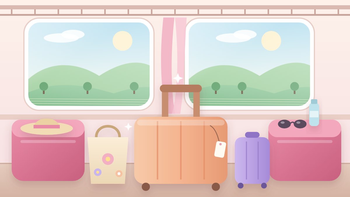 Aturan bagasi kereta api: koper oranye, koper kecil ungu, dan tote bag di dalam kabin kereta dengan kursi pink dan jendela berpemandangan bukit hijau