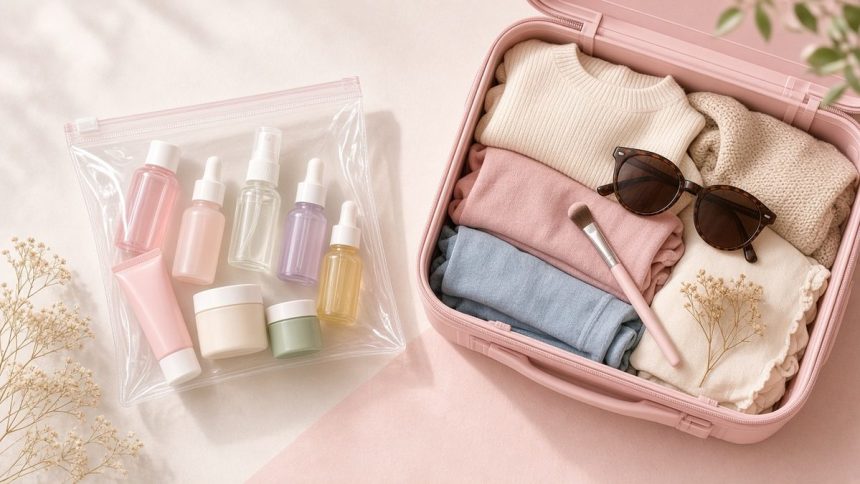 Aturan membawa cairan di pesawat: kantong plastik transparan berisi botol skincare travel size di samping koper kabin pink