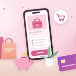 Ilustrasi aturan paylater: ponsel berisi checklist cicilan, tas belanja, kartu pembayaran, celengan, koin, dan kalender pengingat jatuh tempo dengan nuansa pink