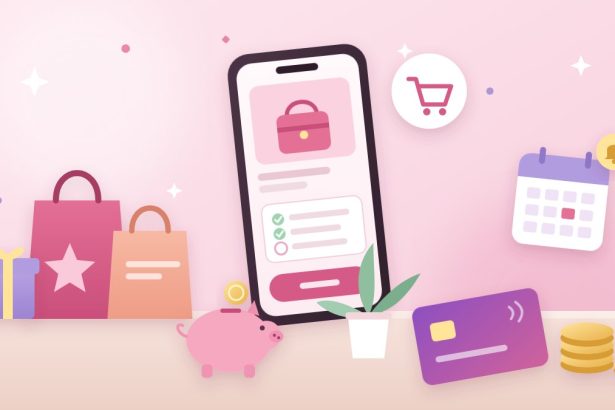 Ilustrasi aturan paylater: ponsel berisi checklist cicilan, tas belanja, kartu pembayaran, celengan, koin, dan kalender pengingat jatuh tempo dengan nuansa pink