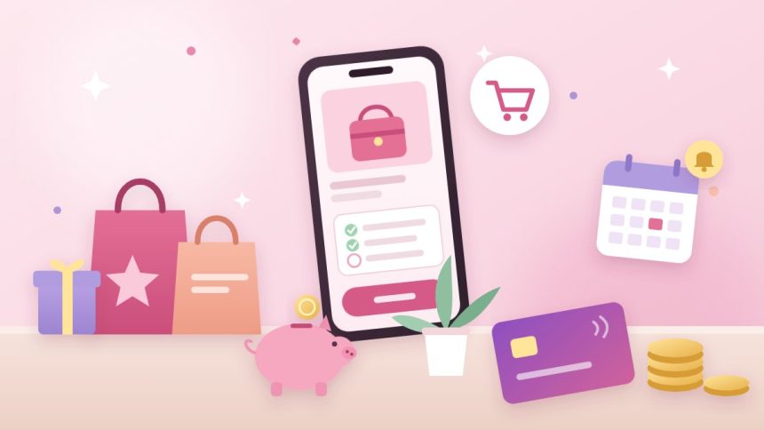 Ilustrasi aturan paylater: ponsel berisi checklist cicilan, tas belanja, kartu pembayaran, celengan, koin, dan kalender pengingat jatuh tempo dengan nuansa pink