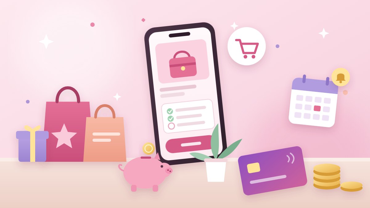 Ilustrasi aturan paylater: ponsel berisi checklist cicilan, tas belanja, kartu pembayaran, celengan, koin, dan kalender pengingat jatuh tempo dengan nuansa pink