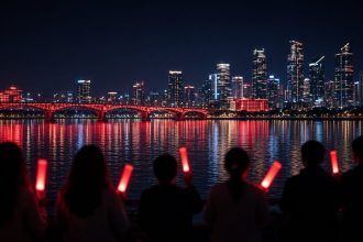 Ilustrasi BTS The City Arirang Singapura: kota tepi teluk menyala merah di malam hari dan siluet fans membawa lightstick