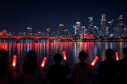 Ilustrasi BTS The City Arirang Singapura: kota tepi teluk menyala merah di malam hari dan siluet fans membawa lightstick