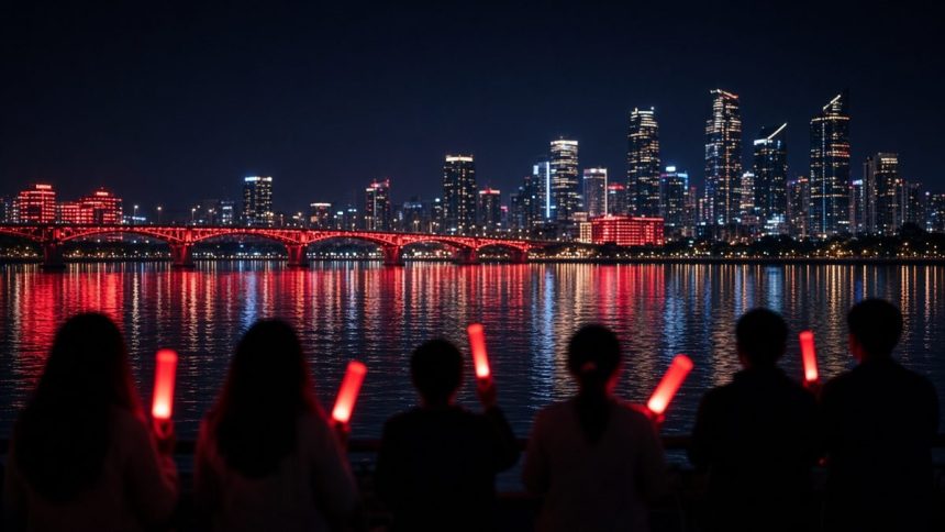 Ilustrasi BTS The City Arirang Singapura: kota tepi teluk menyala merah di malam hari dan siluet fans membawa lightstick