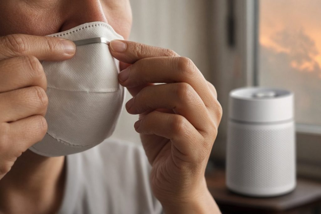 Tangan merapatkan klip hidung masker N95 di dalam rumah dengan penyaring udara, cara jaga kesehatan saat kabut asap