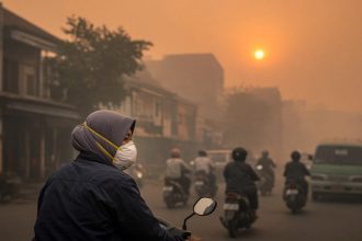 Pengendara motor memakai masker N95 di jalan kota yang diselimuti kabut asap karhutla, ilustrasi cara jaga kesehatan saat kabut asap