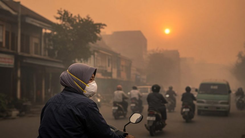 Pengendara motor memakai masker N95 di jalan kota yang diselimuti kabut asap karhutla, ilustrasi cara jaga kesehatan saat kabut asap
