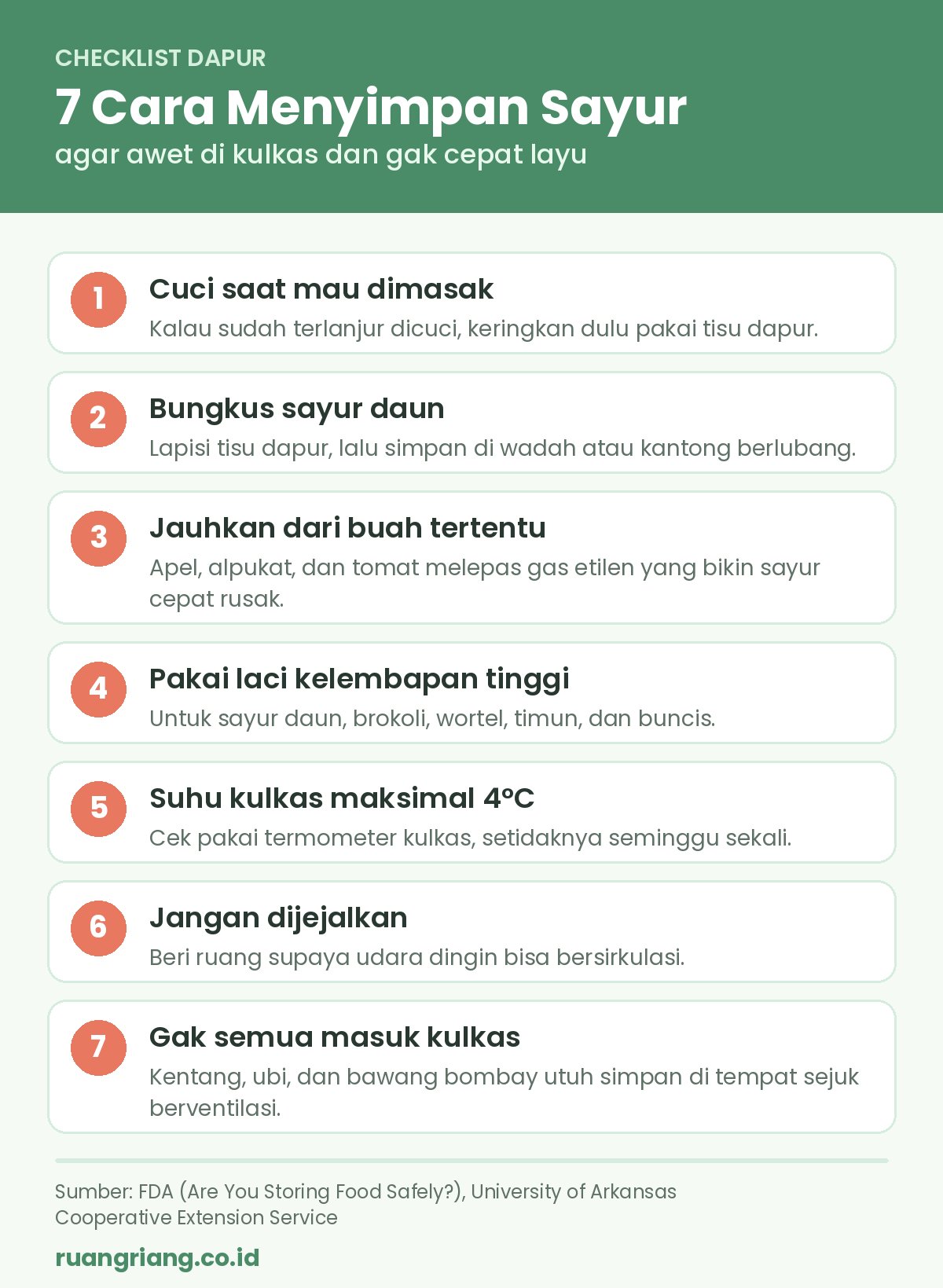 Infografis 7 cara menyimpan sayur agar awet di kulkas: cuci saat mau dimasak, bungkus tisu, jauhkan dari buah etilen, atur suhu maksimal 4°C