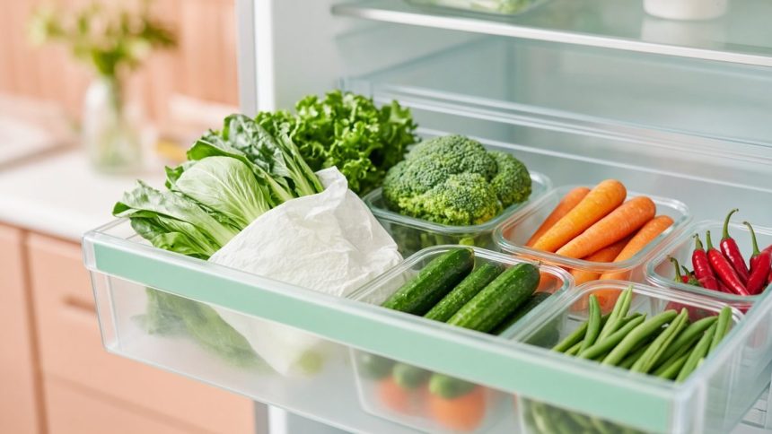 Cara menyimpan sayur agar awet: laci kulkas berisi sayur daun berbungkus tisu, brokoli, wortel, timun, dan buncis dalam wadah kaca
