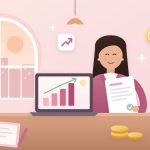 Ilustrasi cara negosiasi gaji: perempuan muda memegang offer letter di meja kafe dengan laptop berisi grafik naik, kopi, dan tumpukan koin