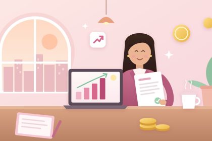 Ilustrasi cara negosiasi gaji: perempuan muda memegang offer letter di meja kafe dengan laptop berisi grafik naik, kopi, dan tumpukan koin
