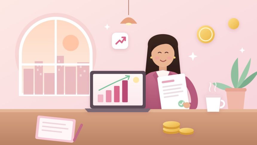 Ilustrasi cara negosiasi gaji: perempuan muda memegang offer letter di meja kafe dengan laptop berisi grafik naik, kopi, dan tumpukan koin