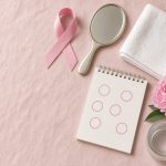Ilustrasi cara SADARI: pita pink, cermin genggam, handuk, kalender dengan tanggal dilingkari, dan bunga peony di atas kain pink