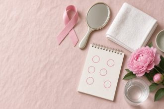Ilustrasi cara SADARI: pita pink, cermin genggam, handuk, kalender dengan tanggal dilingkari, dan bunga peony di atas kain pink
