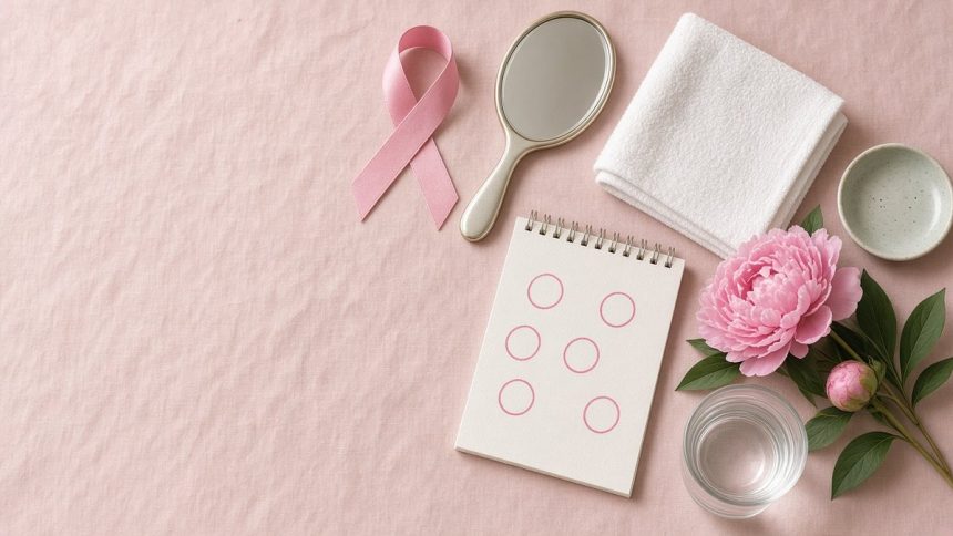 Ilustrasi cara SADARI: pita pink, cermin genggam, handuk, kalender dengan tanggal dilingkari, dan bunga peony di atas kain pink