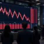 Layar perdagangan saham penuh grafik merah di lobi gedung perkantoran, ilustrasi IHSG anjlok akibat sentimen MSCI