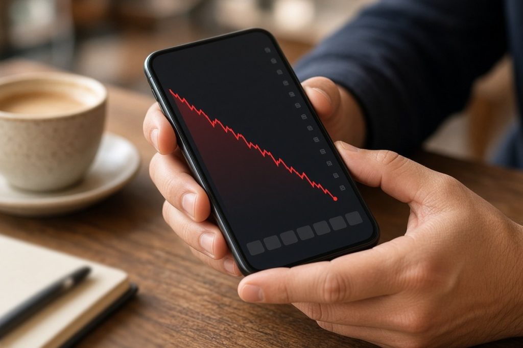 Tangan memegang ponsel berisi aplikasi saham dengan grafik merah menurun di meja kafe, ilustrasi investor ritel saat IHSG anjlok