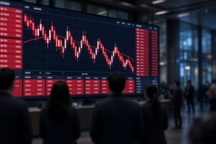 Layar perdagangan saham penuh grafik merah di lobi gedung perkantoran, ilustrasi IHSG anjlok akibat sentimen MSCI