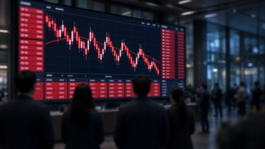 Layar perdagangan saham penuh grafik merah di lobi gedung perkantoran, ilustrasi IHSG anjlok akibat sentimen MSCI