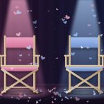 Ilustrasi JoongDunk dan AouBoom resmi pisah: dua kursi sutradara kosong berwarna pink dan biru di bawah lampu sorot panggung dengan taburan confetti hati