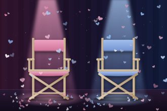 Ilustrasi JoongDunk dan AouBoom resmi pisah: dua kursi sutradara kosong berwarna pink dan biru di bawah lampu sorot panggung dengan taburan confetti hati