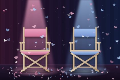 Ilustrasi JoongDunk dan AouBoom resmi pisah: dua kursi sutradara kosong berwarna pink dan biru di bawah lampu sorot panggung dengan taburan confetti hati