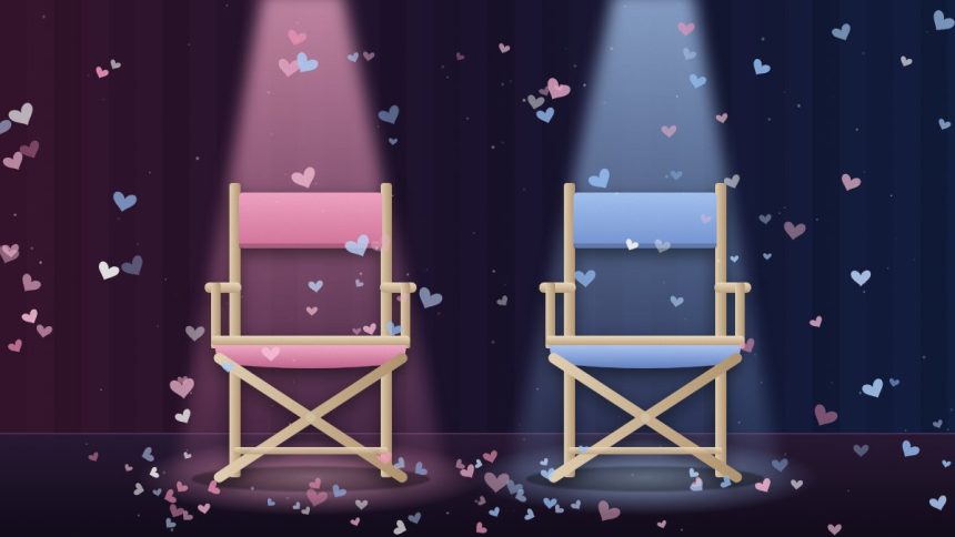 Ilustrasi JoongDunk dan AouBoom resmi pisah: dua kursi sutradara kosong berwarna pink dan biru di bawah lampu sorot panggung dengan taburan confetti hati