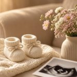 Ilustrasi kabar Maudy Ayunda hamil: sepatu bayi rajut putih, bunga pastel, dan foto USG di atas sofa.