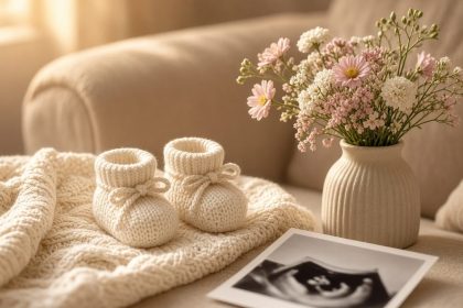 Ilustrasi kabar Maudy Ayunda hamil: sepatu bayi rajut putih, bunga pastel, dan foto USG di atas sofa.