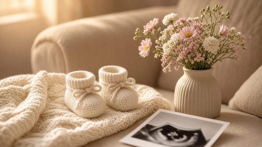 Ilustrasi kabar Maudy Ayunda hamil: sepatu bayi rajut putih, bunga pastel, dan foto USG di atas sofa.