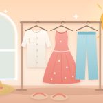 Ilustrasi outfit cuaca panas: kemeja linen, dress flowy, dan celana wide-leg di rak baju, dengan topi anyaman, kacamata hitam, tumbler, dan tabir surya di bawah sinar matahari