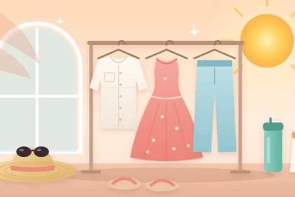 Ilustrasi outfit cuaca panas: kemeja linen, dress flowy, dan celana wide-leg di rak baju, dengan topi anyaman, kacamata hitam, tumbler, dan tabir surya di bawah sinar matahari