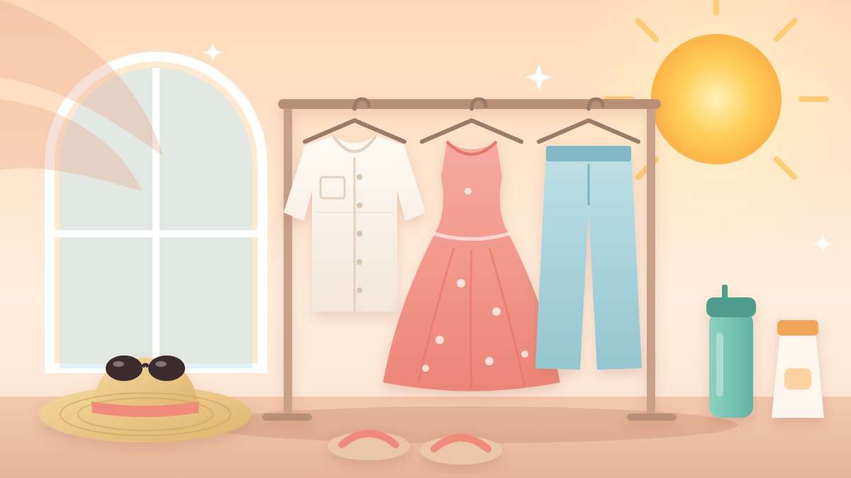 Ilustrasi outfit cuaca panas: kemeja linen, dress flowy, dan celana wide-leg di rak baju, dengan topi anyaman, kacamata hitam, tumbler, dan tabir surya di bawah sinar matahari