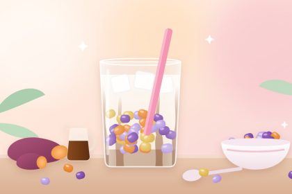 Resep QQ ball ala Taiwan: segelas susu dingin dengan bola ubi warna oranye, ungu, dan kuning, sirup gula aren, es batu, semangkuk QQ ball, dan ubi jalar di meja .