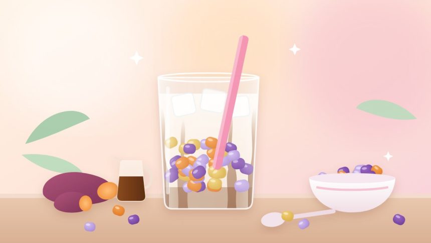 Resep QQ ball ala Taiwan: segelas susu dingin dengan bola ubi warna oranye, ungu, dan kuning, sirup gula aren, es batu, semangkuk QQ ball, dan ubi jalar di meja .