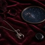 Sifat zodiak Scorpio: kalung liontin kalajengking perak di atas kain beludru merah marun dengan lilin, kristal, dan cermin langit berbintang