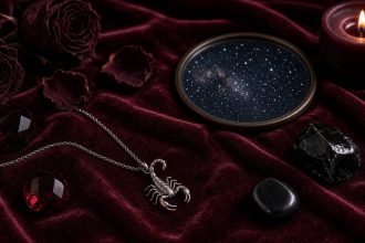 Sifat zodiak Scorpio: kalung liontin kalajengking perak di atas kain beludru merah marun dengan lilin, kristal, dan cermin langit berbintang