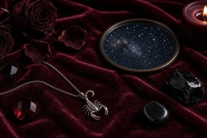 Sifat zodiak Scorpio: kalung liontin kalajengking perak di atas kain beludru merah marun dengan lilin, kristal, dan cermin langit berbintang