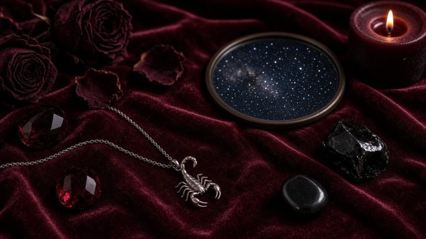 Sifat zodiak Scorpio: kalung liontin kalajengking perak di atas kain beludru merah marun dengan lilin, kristal, dan cermin langit berbintang
